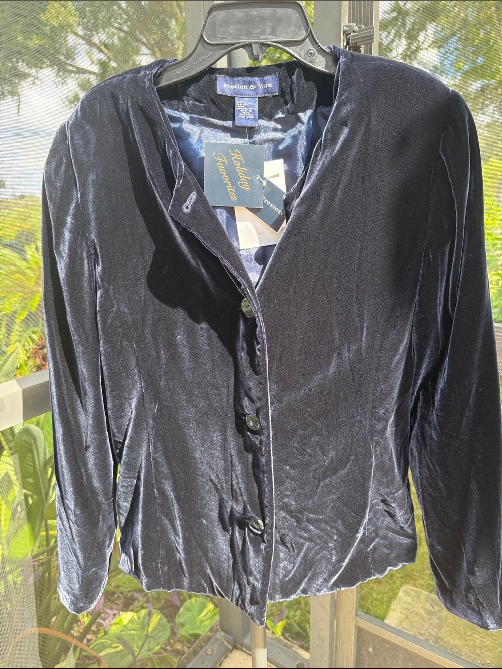 Preston & York Navy Velvet Button-Front Jacket Blouse